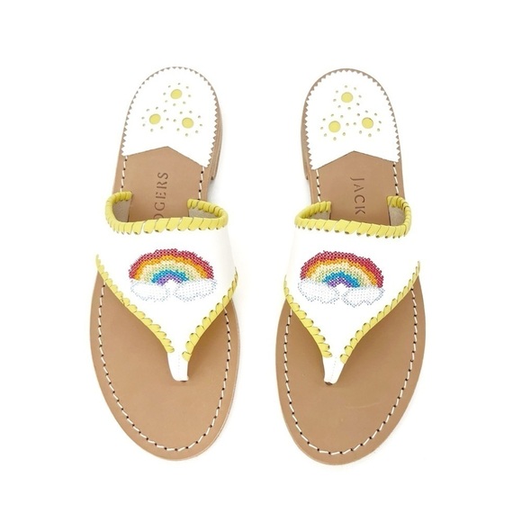 Jack Rogers Embroidered Sandals Rainbow & Clouds Size 7 White Yellow Thong New - Picture 1 of 9